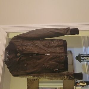 Zip up leather jacket with removable hood
